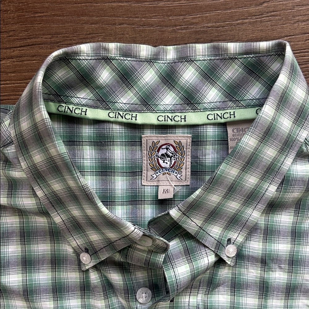 Cinch Light Green and White Plaid Button-Down Shirt !! Medium - Picture 5 of 6